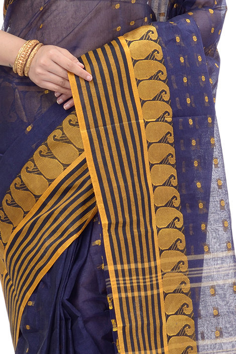 Blue Pure Cotton Moti_Buti Tant Saree (748)
